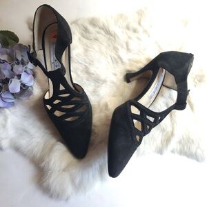 Vintage 80s Black Suede T Strap Cut out Braided Heels 6 B